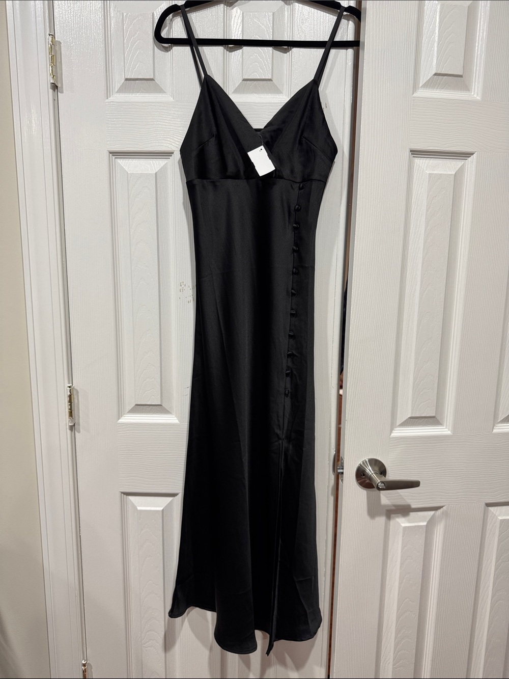 BRAND: “Dress Forum” Black Satin Slip Maxi with Side Covered Buttons